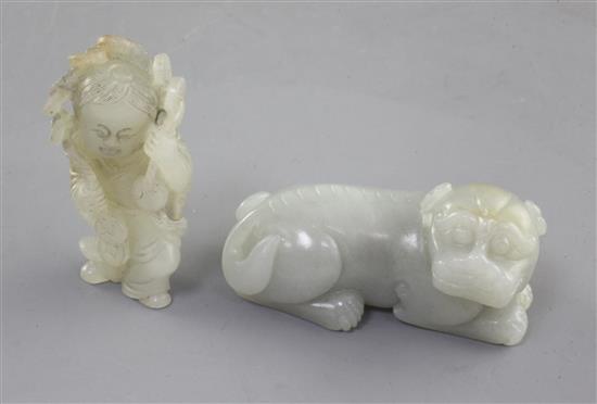 Two Chinese pale celadon jade figures of Liu Hai and his three legged toad and a recumbent lion-dog, 19th/20th century, length 6.6cm